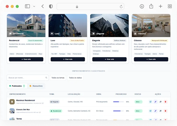 Páginas de empreendimentos personalizadas