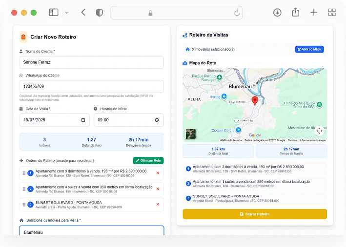 Roteiros de visitas com mapa e compartilhável